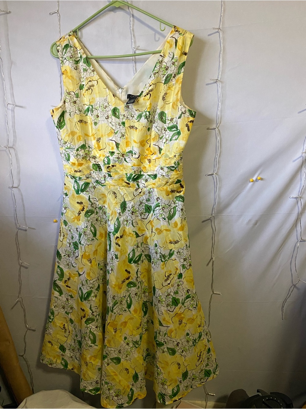 GNW Yellow Floral Midi Dress with Green Leaf Accents